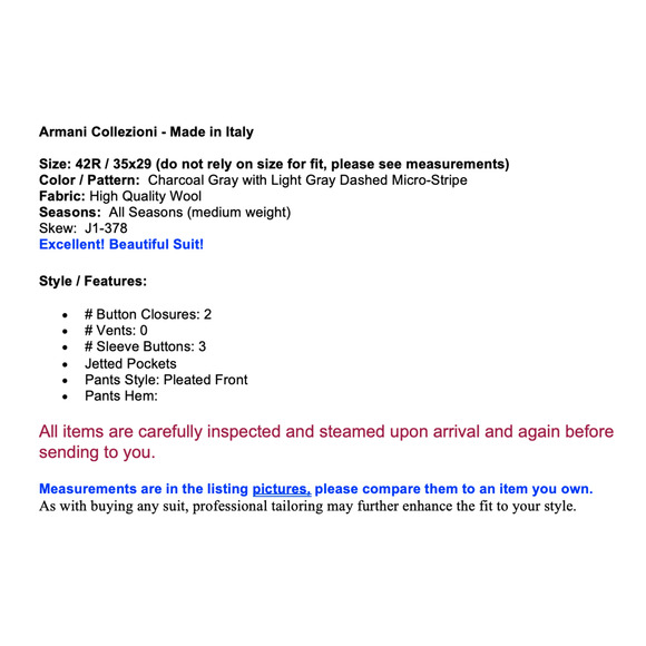 Armani Collezioni Mens 42R 35x29 Charcoal Gray Micro-Stripe Designer Suit - Picture 2 of 16